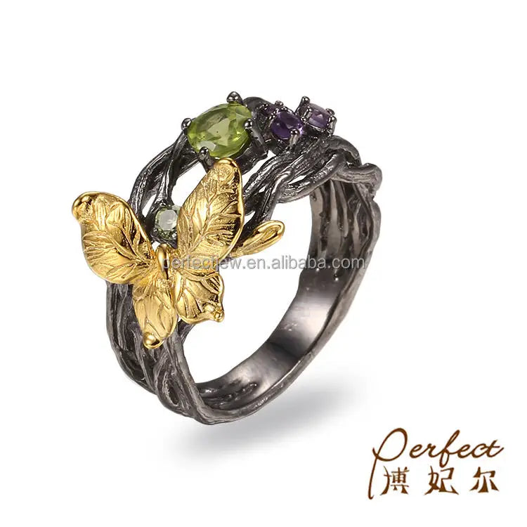 Italian Golden Butterfly 925 Sterling Silver Black Gold Plated Ring for Fashion Girl