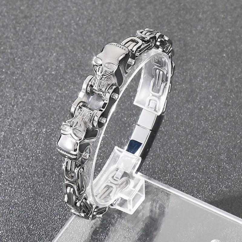 REBEL Punk Fine Jewelry Fashion Bracelets Stainless Steel Skull Byzantine Links Bracelet