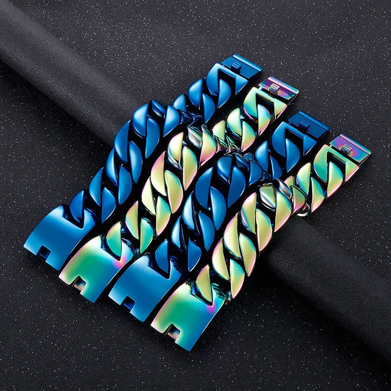 KALEN 215/220/230mm Blue/Rainbow Stainless Steel Hip-hop Cuban Link Bracelets
