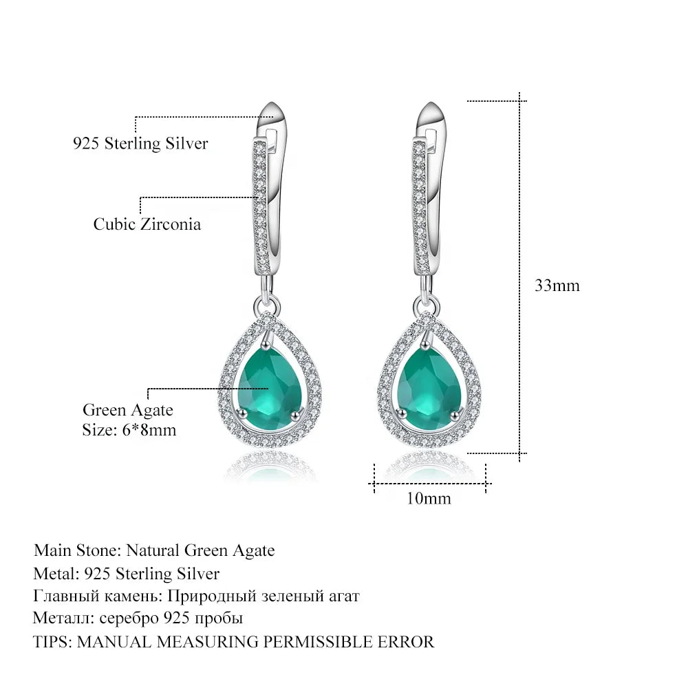 ArtistA Delicate Elegant 925 Sterling Silver White CZ Natural Pear Green Agate Stone Halo Earrings Stone Drop Earrings Jewelry