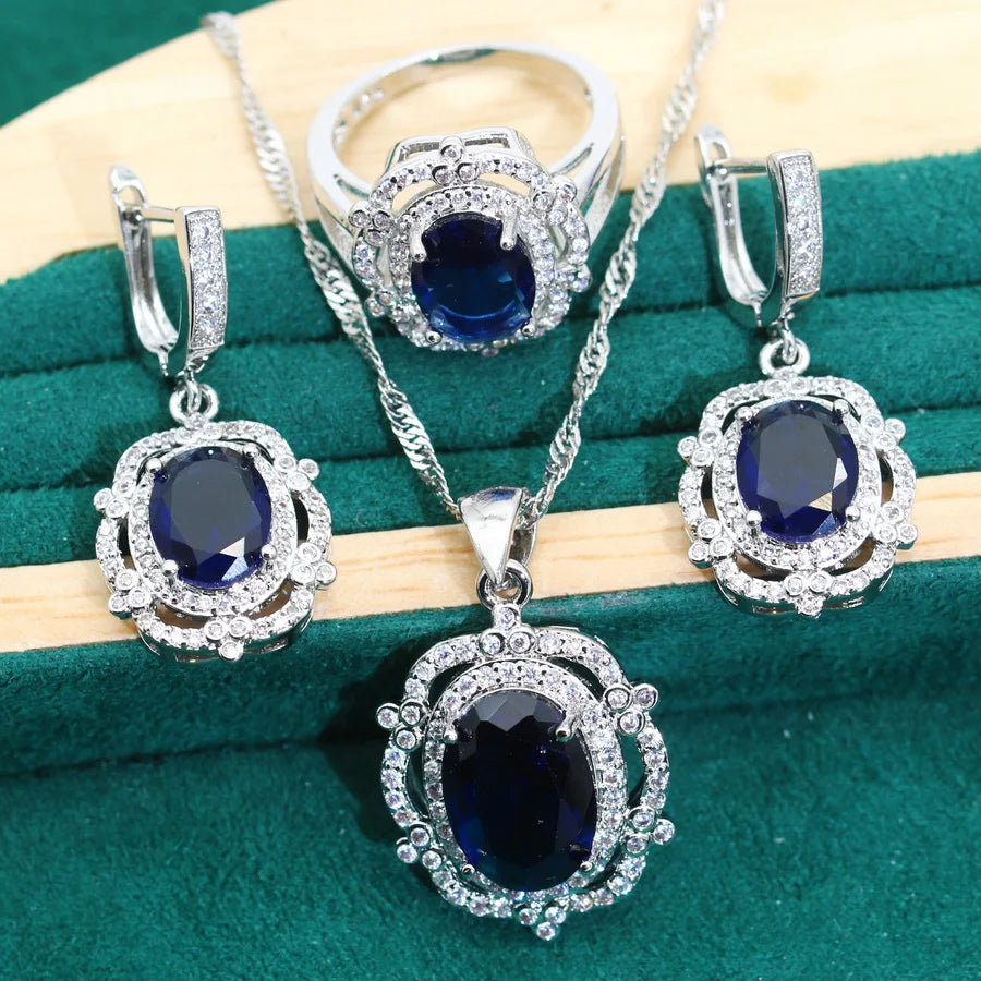 XOTICA 2024 New Alloy Jewelry Sets for Women Engagement Wedding Party Blue Zircon Earrings Necklace Pendant Ring Birthday Gifts