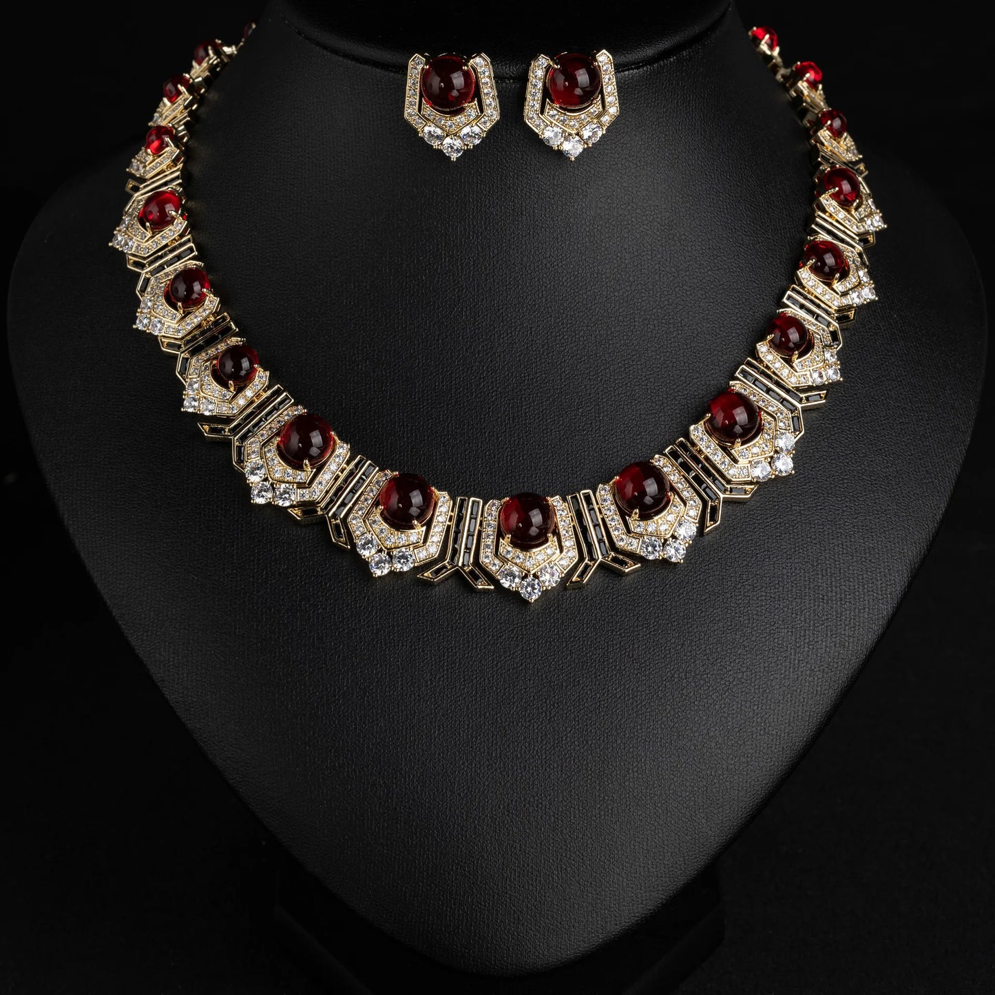Vintage Zirconia Geometric Choker Necklace & Earrings Bridal Set — Red, Green & Purple