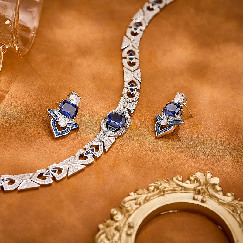 Deep Sea Luxury Cornflower Blue Zircon Brass Necklace Earrings 2-piece Set Sexy Women's Banquet Jewelry Indian Accessories