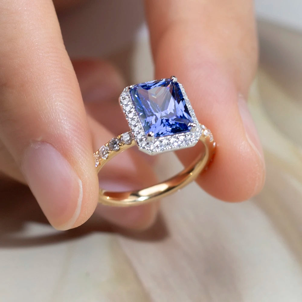 MSR-1596 Customized Jewelry 18K Yellow Gold Emerald Shape 7*9 Royal Blue Lab Grown Gemstone Ring