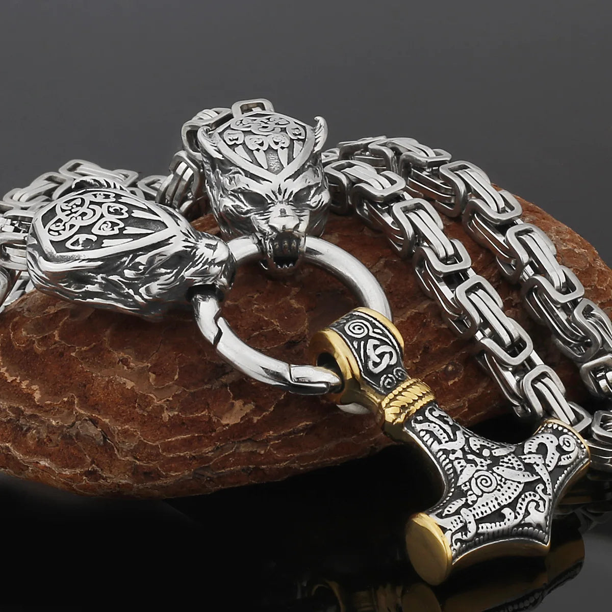Wholesale Men's Stainless Steel Punk Pendant Necklace Gold Plated Thor Hammer Mjolnir for Mens Jewelry