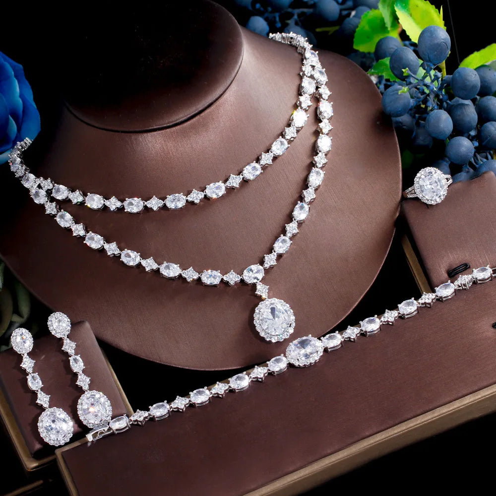Read to Ship 4pcs Jewelry Sets Luxury Bridal White Zirconia Diamond Gorgeous 4 Pcs Jewelry Set