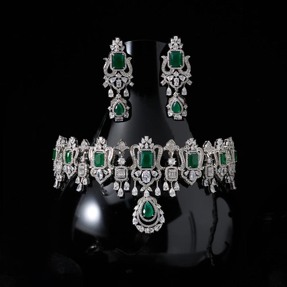018269 Luxury Color Bridal Choker Necklace with Earrings for Women Cubic Zircon Wedding Jewelry Sets Brides Accessories Indian