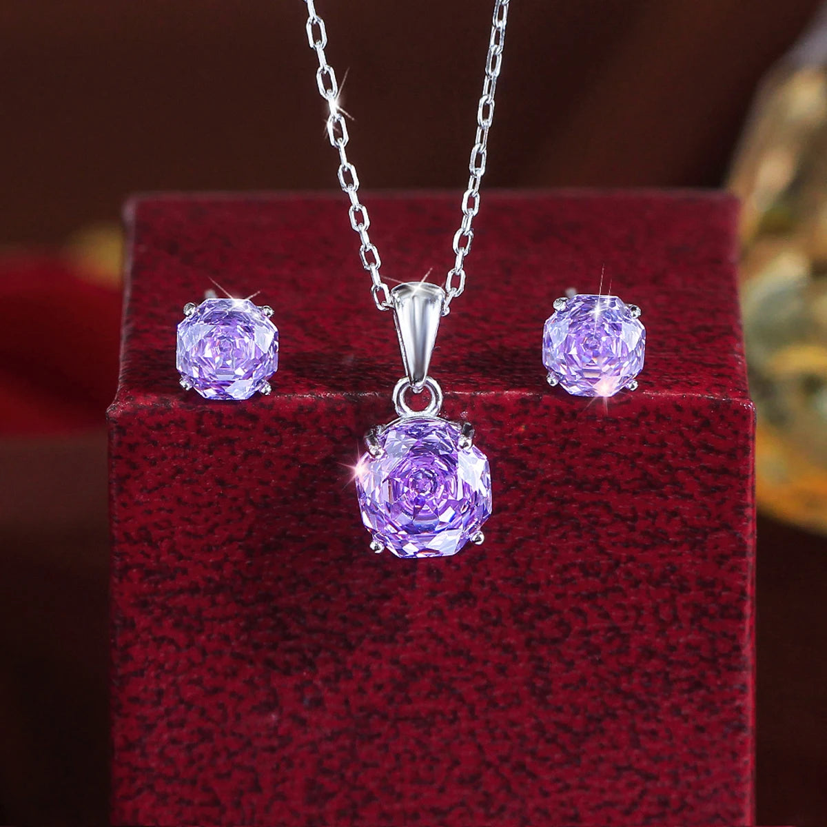 S&S 925 Sterling Silver Purple Rose-Cut CZ Jewellery Set – Necklace & Earrings – Collection