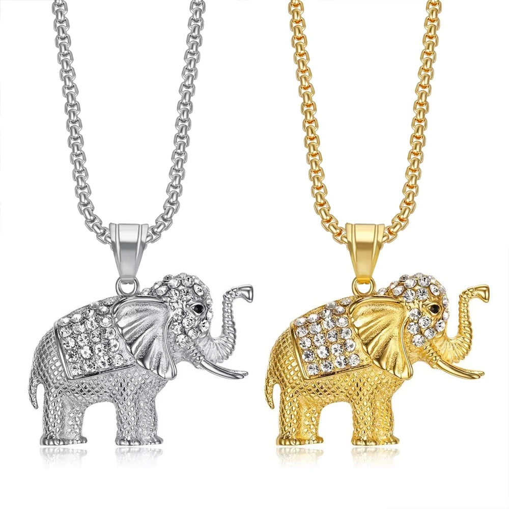 Hip Hop Animal Elephant Cubic Zirconia Waterproof Tarnish Free Stainless Steel Jewelry Pendant Necklaces for Male Man Mens