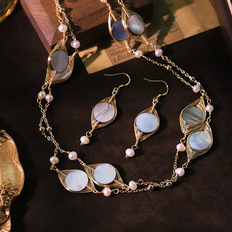 GLSEEVO Natural Freshwater Pearl & Shell Necklace & Earrings Set — Luxury Design for Gifting & Banquet