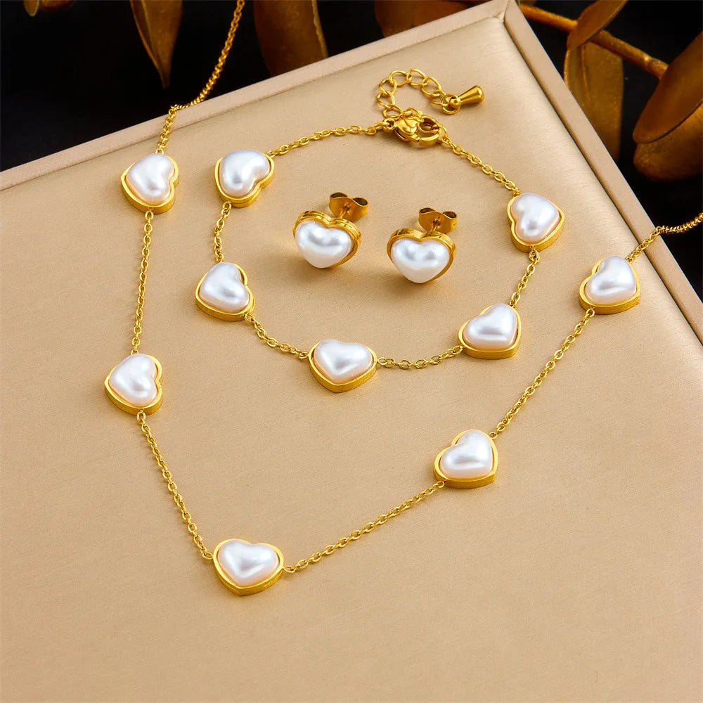 High Quality Fashion Stainless Steel Heart Necklace Earrings and Bracelet Set with Pearl Women Exquisite Gold Jewelry Set
