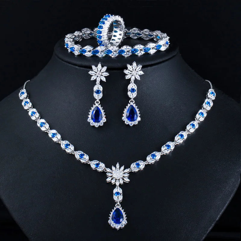 4pcs Bridal Jewelry Set for Wedding Blue Stone CZ Cubic Zircon Ring Earring Bracelets Necklace for Women Jewelry Accessories