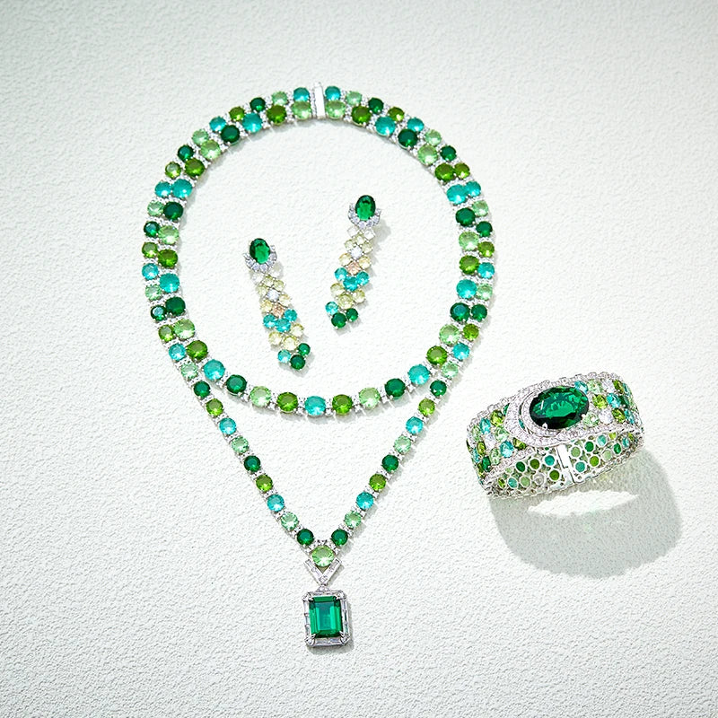 High-End Dubai-Inspired Double-Layer Green Necklace Earrings Set Exaggerated Zircon Trendy Wedding Jewelry for Women Engagement