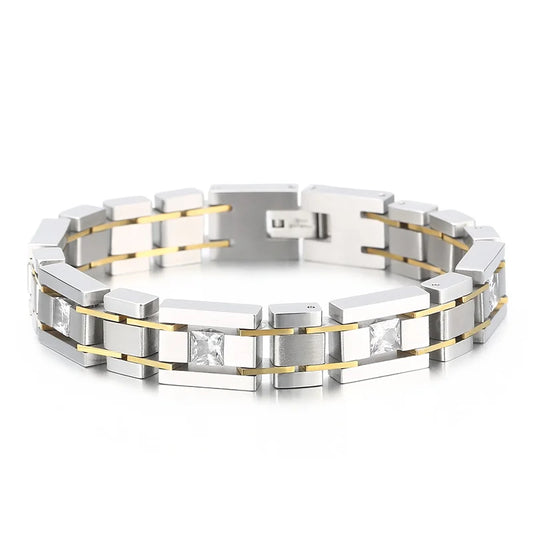KALEN Mens Causal 210mm Stainless Steel Watchband Link Bracelets With Zircon Gemstones