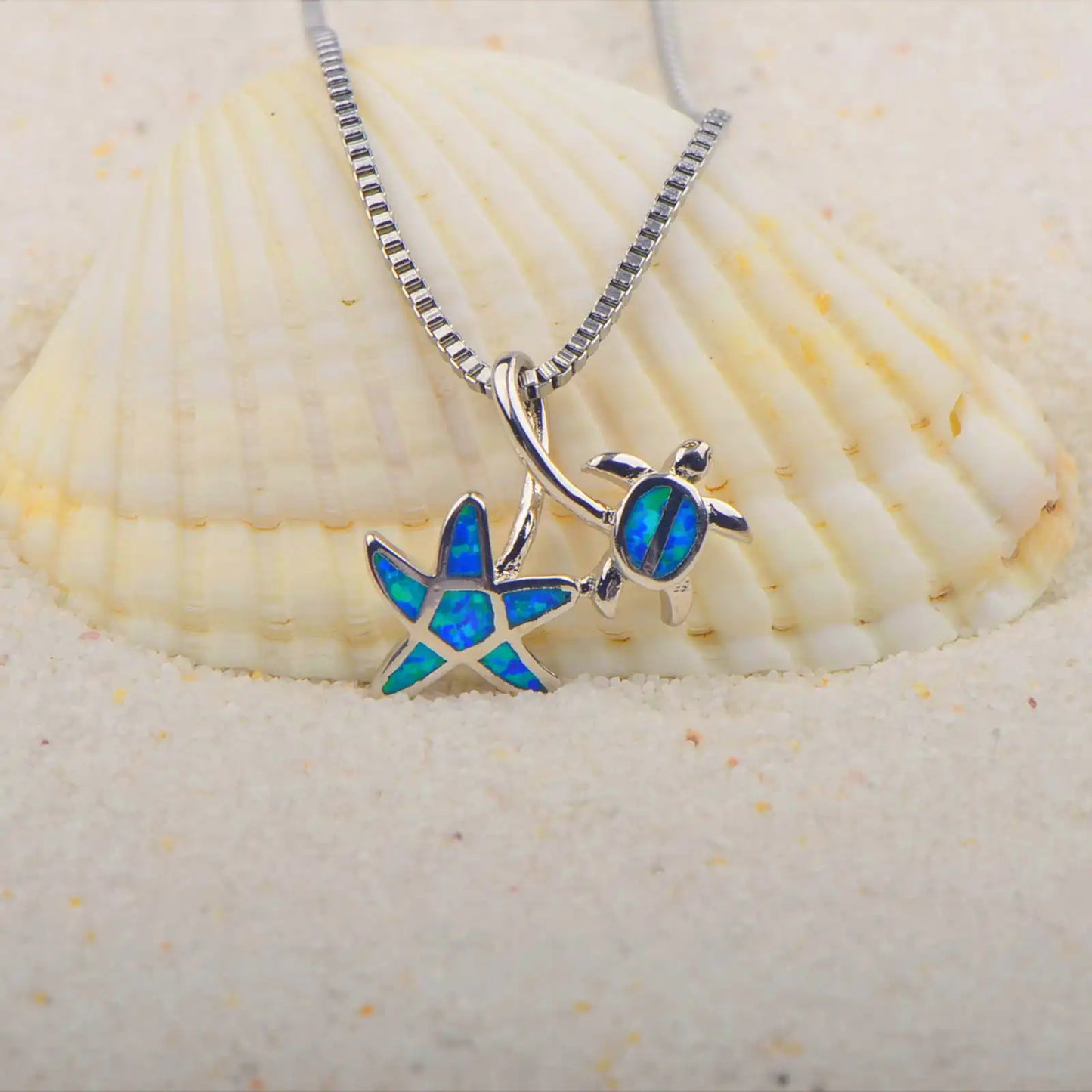 TikTok Must-Have Copper Silver Plated Blue Opal Turtle Pendant | Minimalist Starfish Link Chain Women's Necklace Gift Occasions
