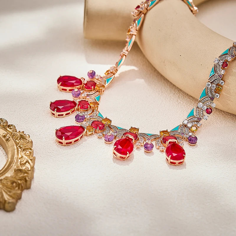 Pigeon Blood Red Zirconium Pear Shaped Sexy Women's Necklace Enamel High-end High-quality Brass Indian Jewelry Gift