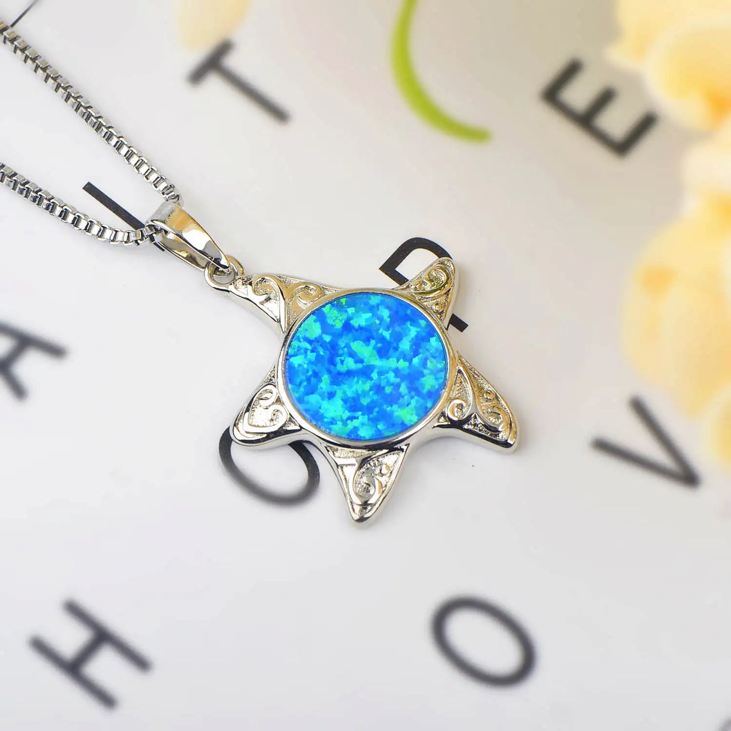 Aobao Trendy Blue Opalsea Star Sweater Chain Surfing Necklace Silver Plated Copper Alloy Inlaid Lab Created Opal