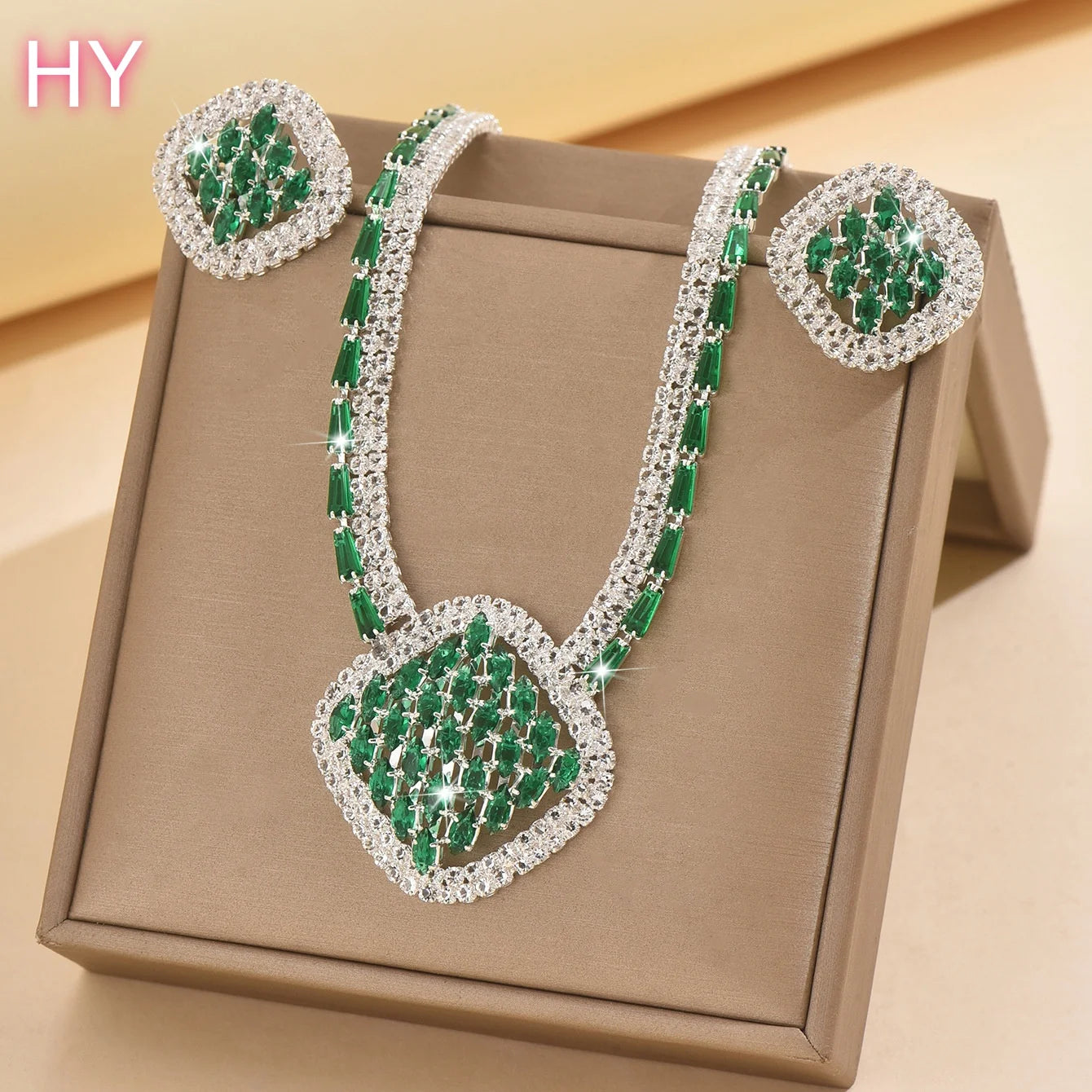 HY  Elegant Luxury Ladies Jewelry Sets Wedding Anniversary Bridal Accessories Copper Shining Earrings Necklaces for Women Set
