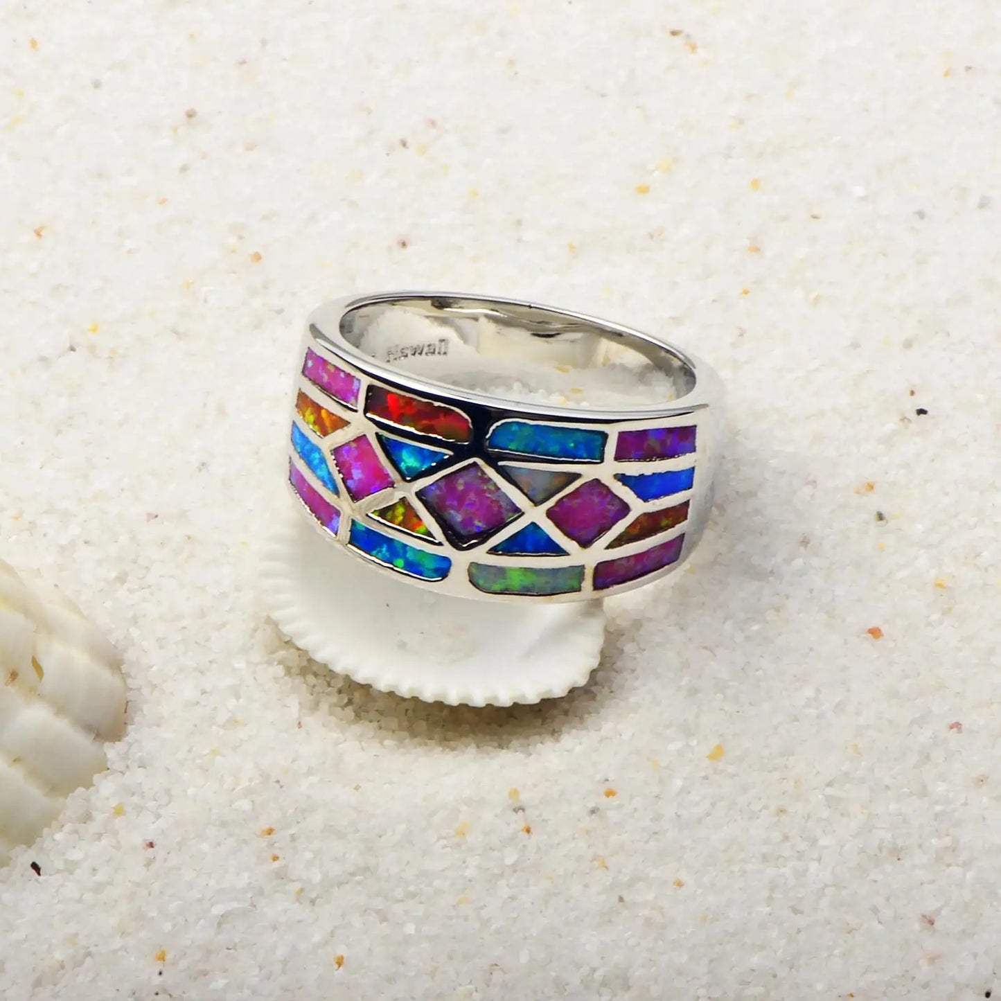 Colorful Opal Inlaid Geometric Pattern Ring | Stainless Steel Shiny Band | Iridescent Multi-Color Fashion Ring for Women Jewelry