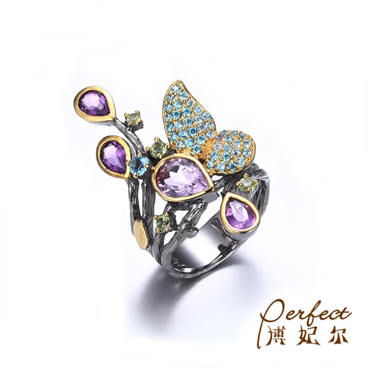 Wholesale Coloured Latest Amethyst 925 Sterling Silver Vintage Ring for Ladies