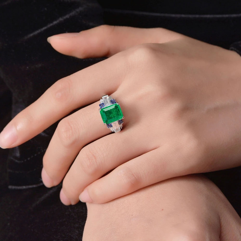 MuShan Jewelry Factory S925 Silver 4 Carat Artificial Gemstone Rectangular 8*10 Ring High Carbon Diamond Light Luxury Ring
