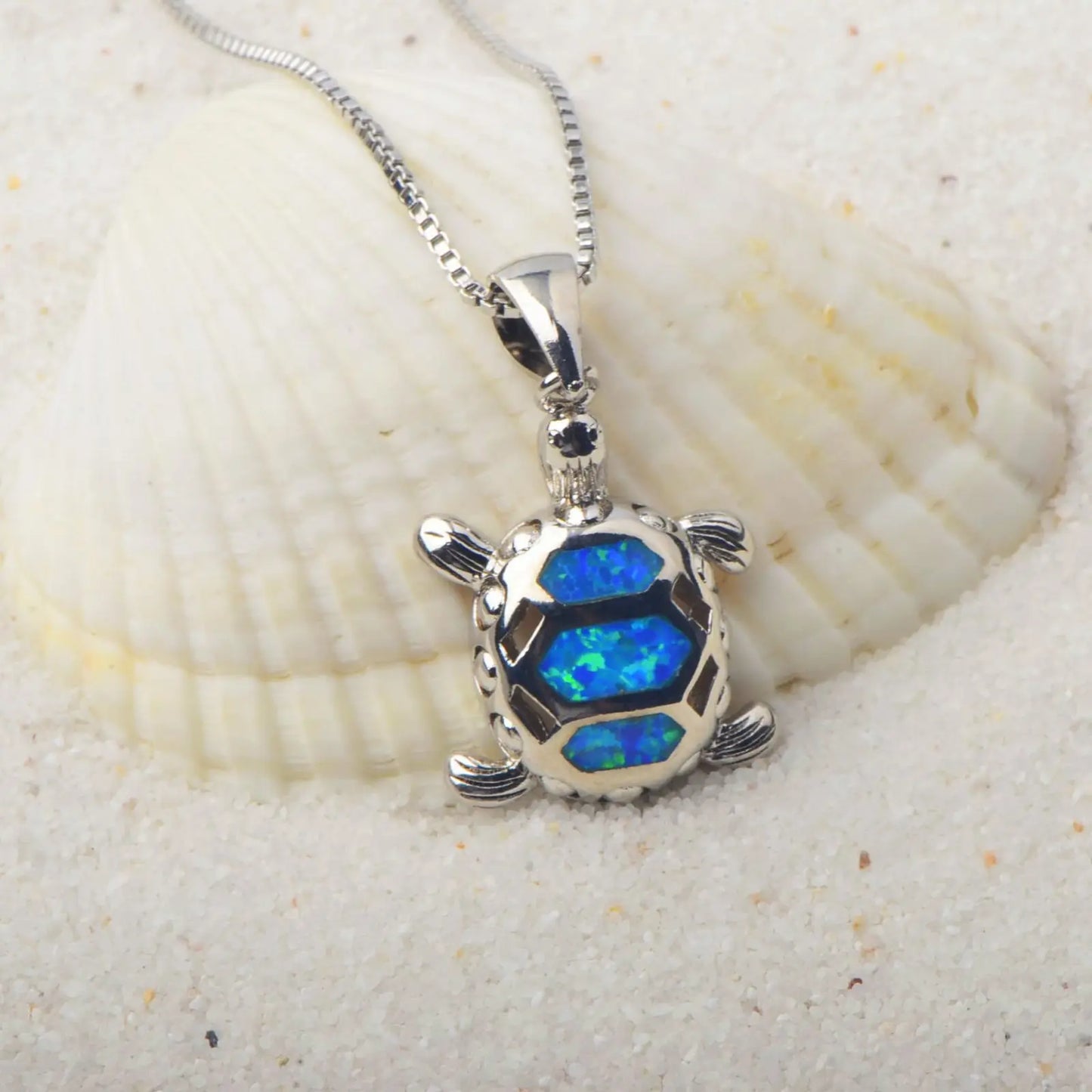 Women's Marine Turtle Opal Pendant Necklace Silver Plated Copper Alloy Blue Fire Opal Shell Inlaid Trendy Design Gift | Coastal