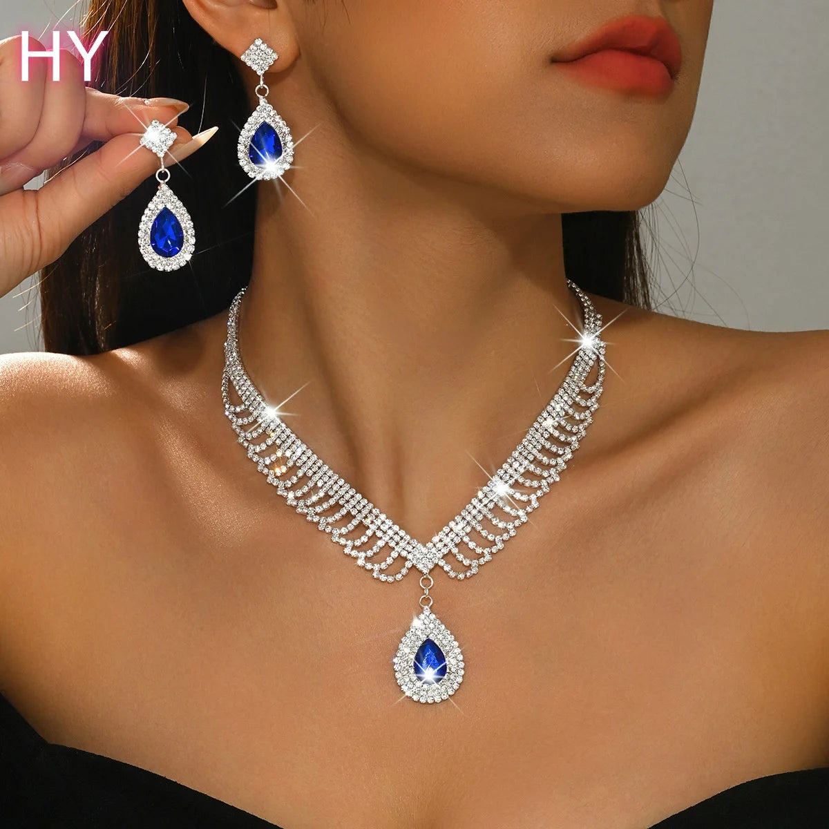 HY   Wedding Jewelry Sets Shiny Rhinestone Tassel Earrings V-shaped Waterdrop Pendant Necklaces for Women Set