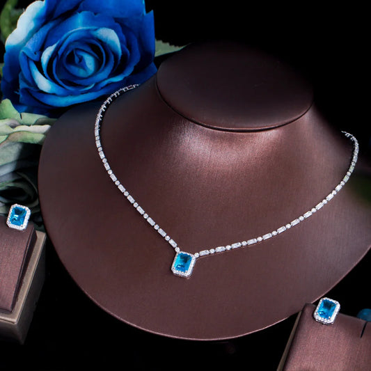 S&S CZ Square Stud Earrings & Baguette Necklace Jewellery Set – Blue & White – Collection