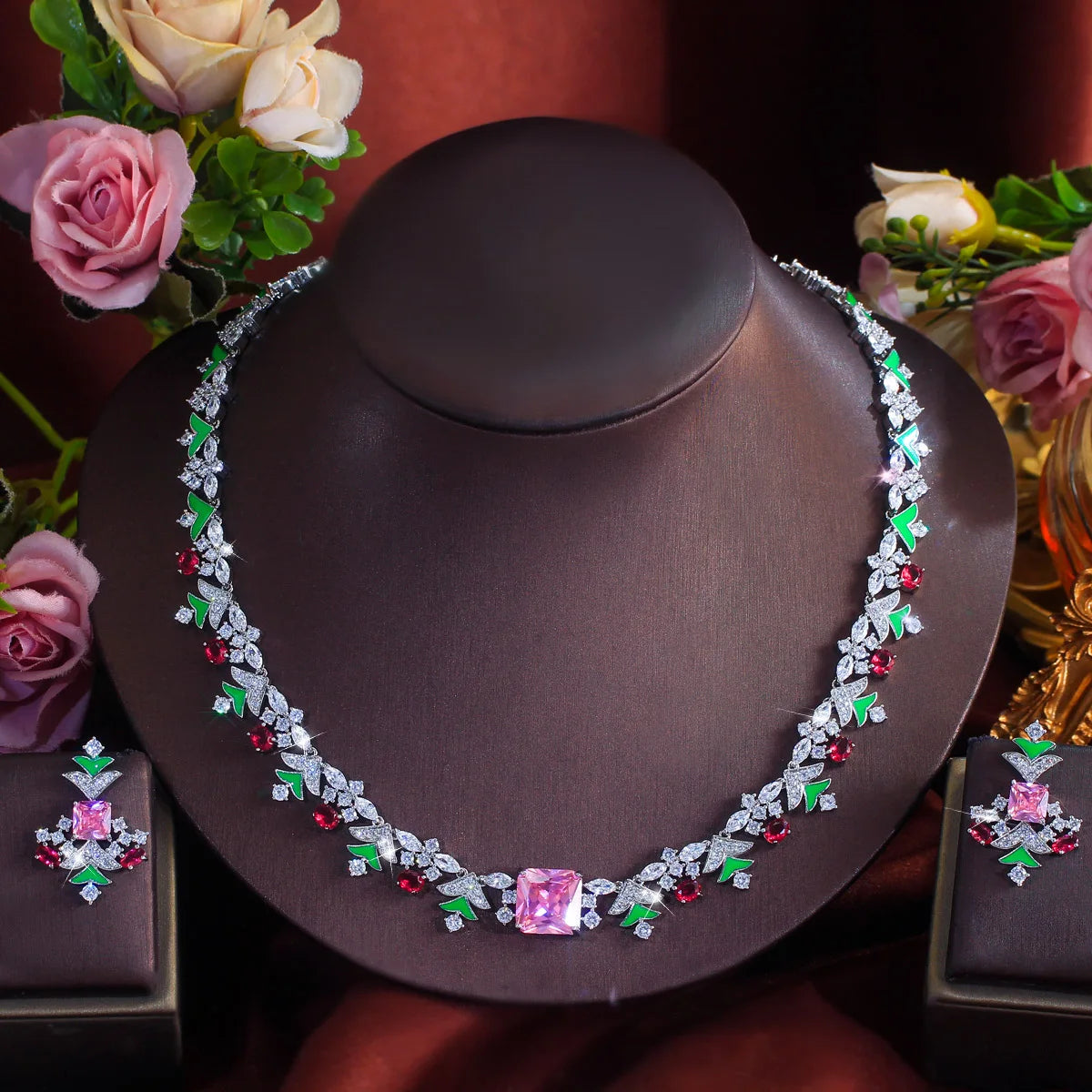 Charming Jewelry Set Rhodium Plated Multicolor Zirconia Necklace Earrings Christmas Tree CZ Jewelry Set for Brides Women Wedding
