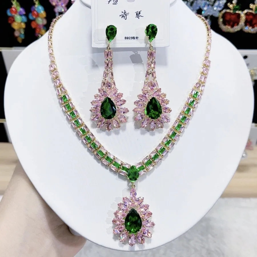 K048 Top Quality Trendy Luxury Classic Water Drop Zircon Necklace Earrings Set Elegant Women's Jewelry Set