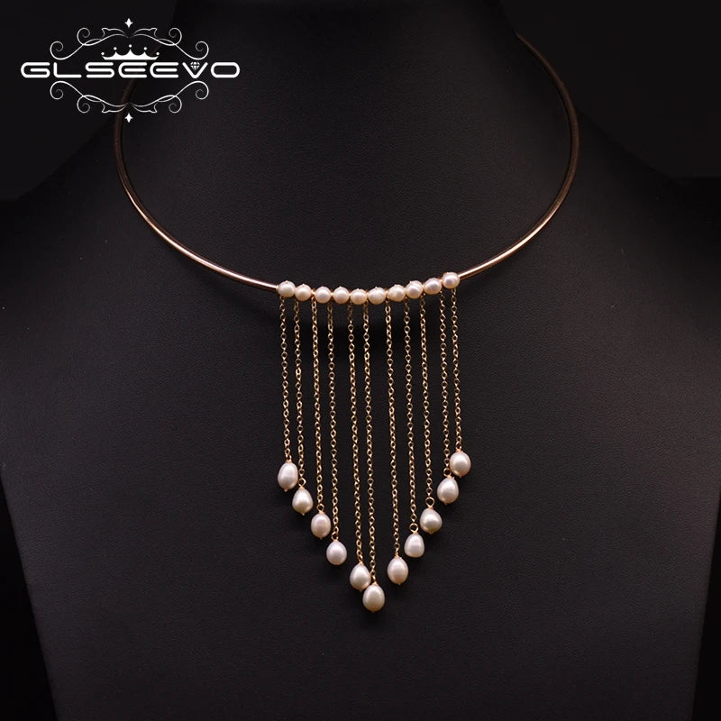 Natural Fresh Water Pearl  Necklace for Women Engagement Gothic Handmade Long Layered Necklace