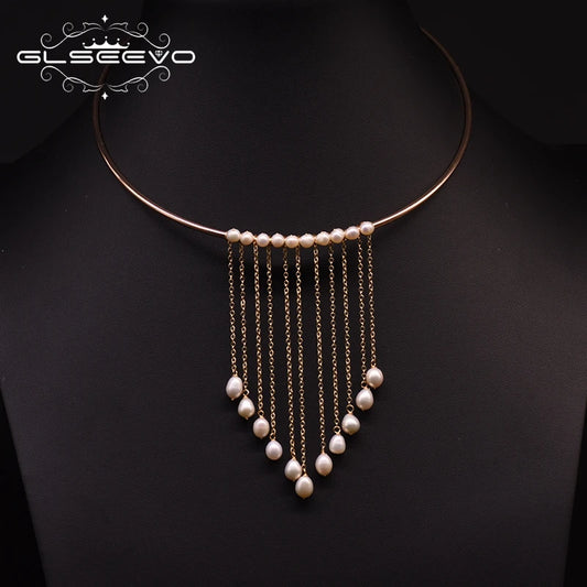 Natural Fresh Water Pearl  Necklace for Women Engagement Gothic Handmade Long Layered Necklace