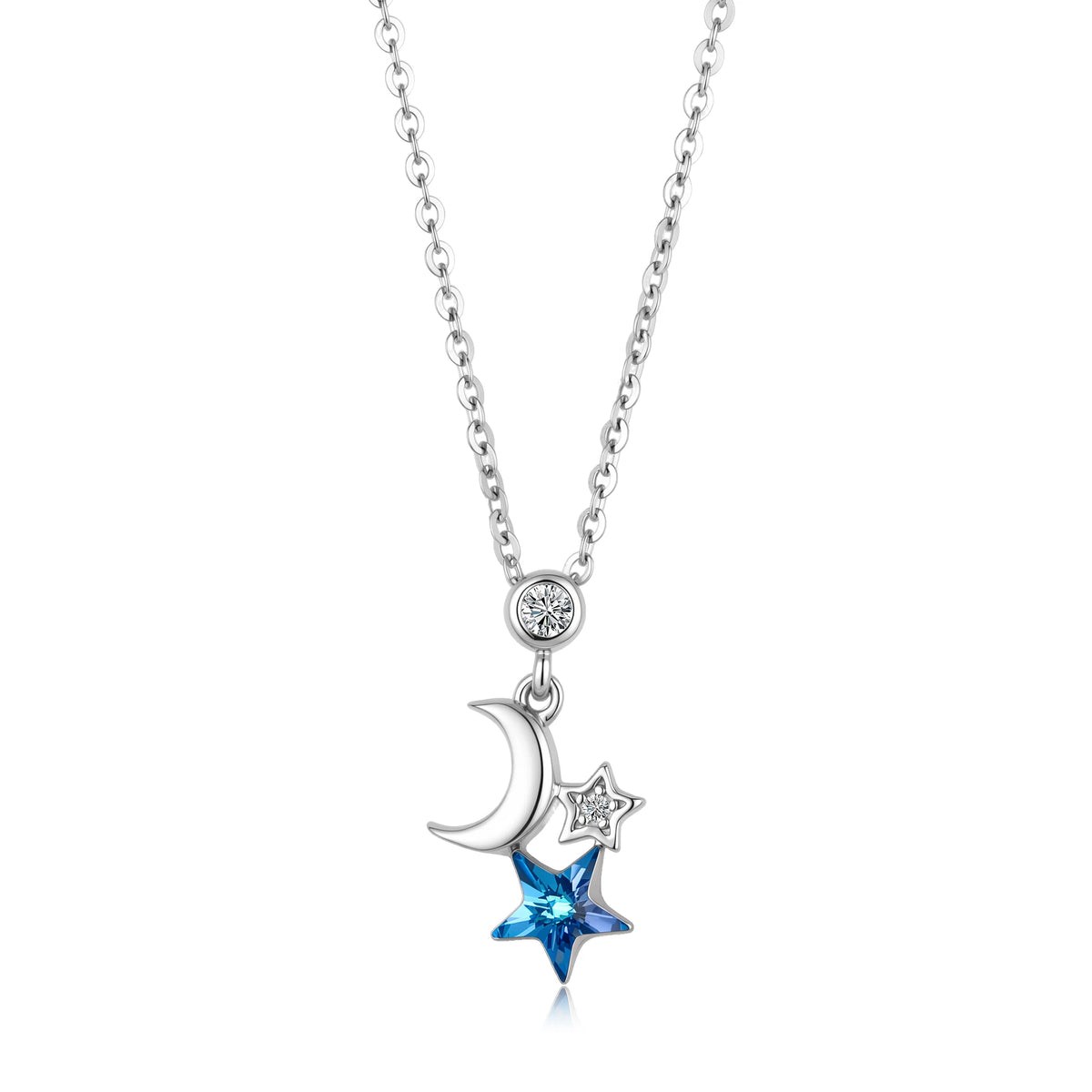 ArtistA Romantic 925 Sterling Silver Blue Star Crescent Moon Jewelry Set Austrian Crystal Drop Earrings Necklace for Women Birthday Gift