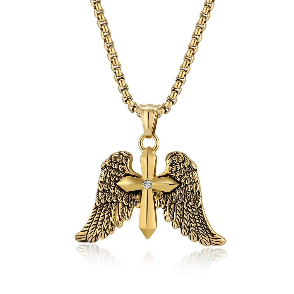 REBEL Novirassine Black Gun Plated Stainless Steel Angel Wing Cross Pendant Necklace Vintage Link Hypoallergenic Unisex Party Jewelry