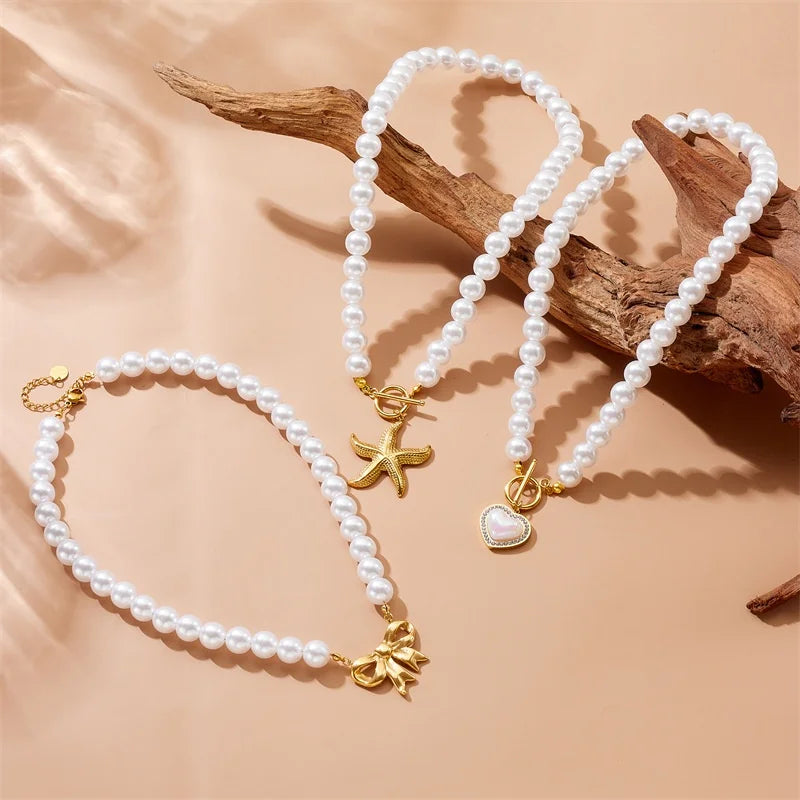 Women's French Vintage Design Pearl Chain Gold-plated OT Clasp Stainless Steel Scallop Starfish Pendant Bracelet Necklace Set
