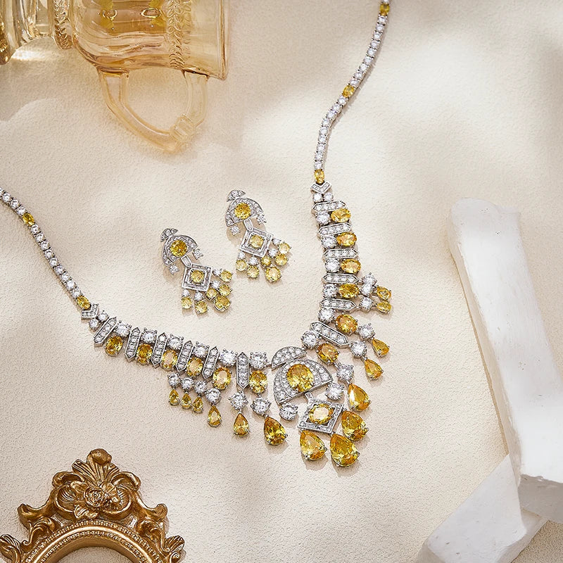 Bridal Wedding High-end Jewelry Necklace Earring Set Heavy Craftsmanship Shining Pear Shaped Zirconia Banquet Accessories