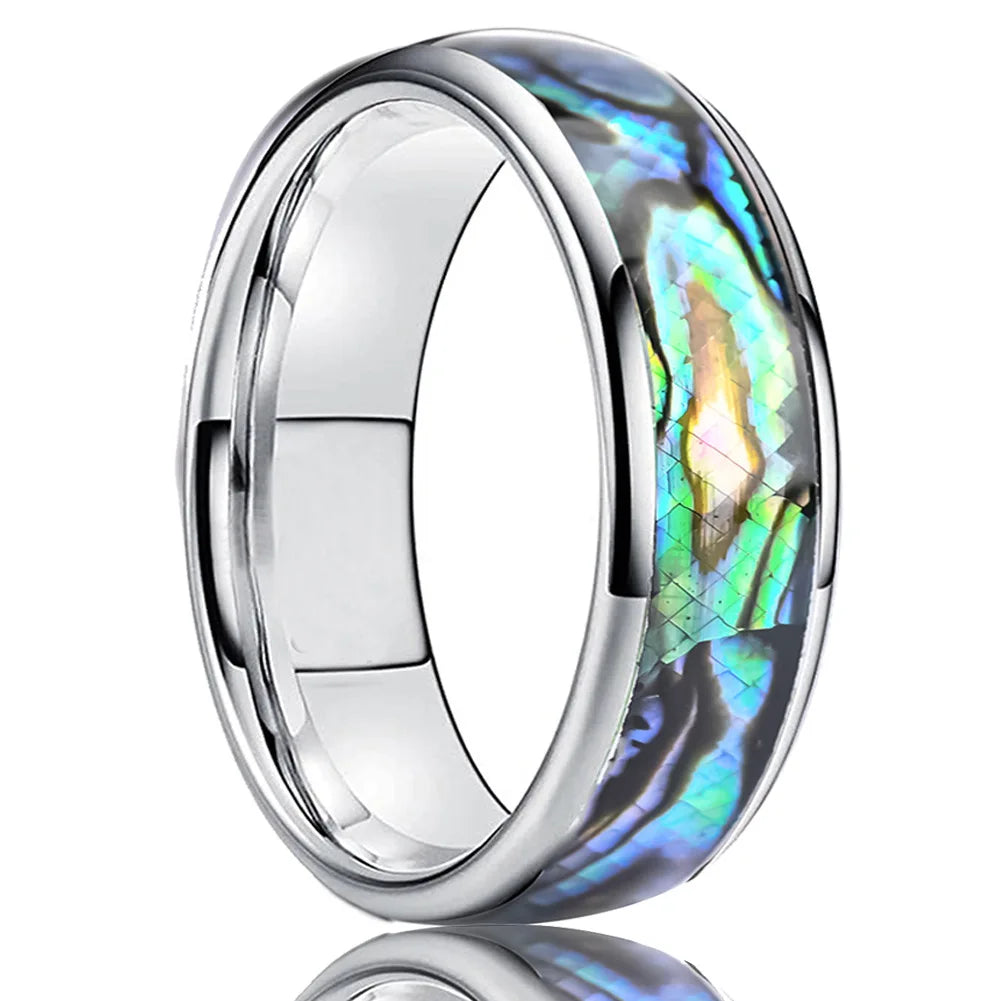 Tungsten Rings for Men 4 6 8 mm Stainless Steel Abalone Shell Eternity Bands Comfort Fit Size 5 to 15