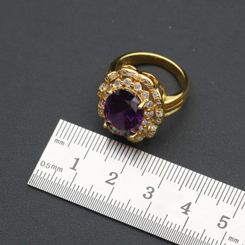 Luxurious Purple Zirconia Gold Color Bridal Jewelry Sets for Women Wedding Earrings Pendant Ring Bracelet Chain Christmas Party