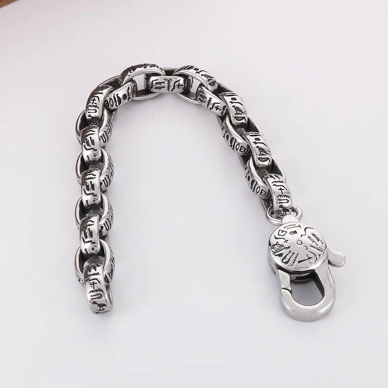 KALEN 230mm Men Punk Ancient Words Stainless Steel Oval Links Bracelet With Lobster Clasp