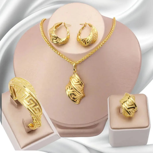 Dubai Women 18K Gold Plated Golden Color Necklace Clips Earrings Ring Bracelet Pendant African Bridal Wedding Party Jewelry Set