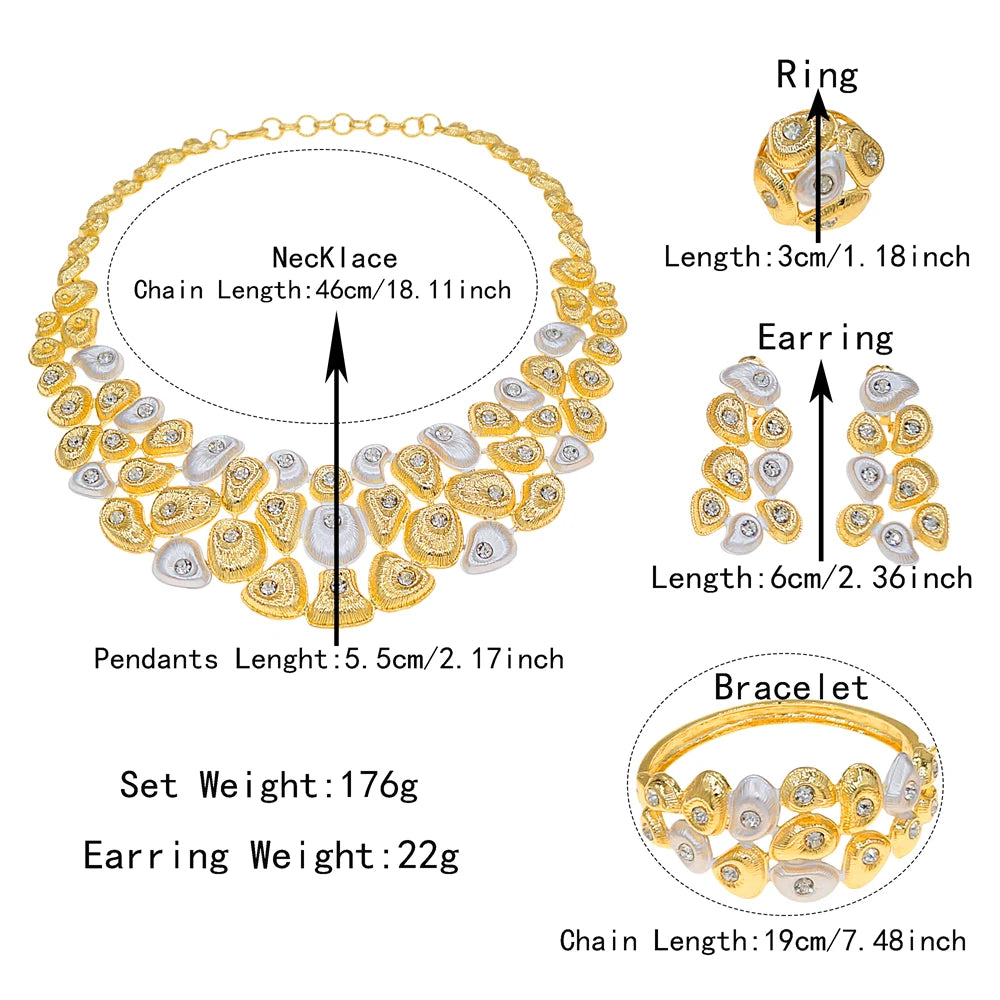 Zhuerrui Brazilian Style Two-tone Gold Pearl Jewelry Set White Crystal Inlaid Necklace Earring Bracelet Ring for Party I008020-2