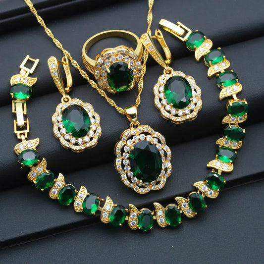 Classic Gold Color Bridal Set for Women Wedding Engagement Emerald Zirconia Earrings Pendant Ring Bracelet Chain Alloy Christmas