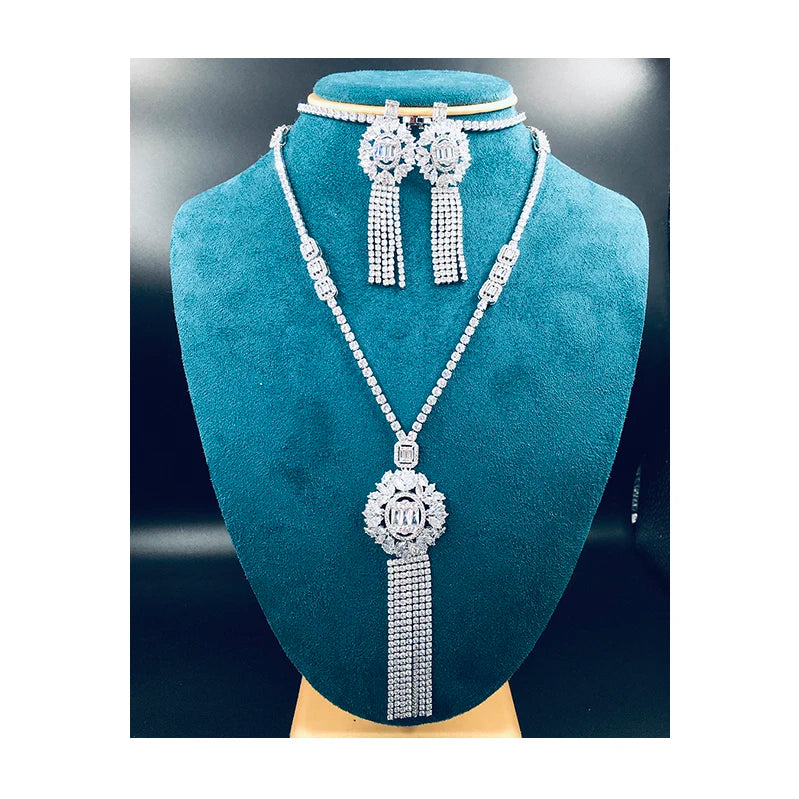 UAE 2PCS Luxury Long Tassel Jewelry Set for Women Wedding Cubic Zircon CZ African Dubai Bridal Jewelry