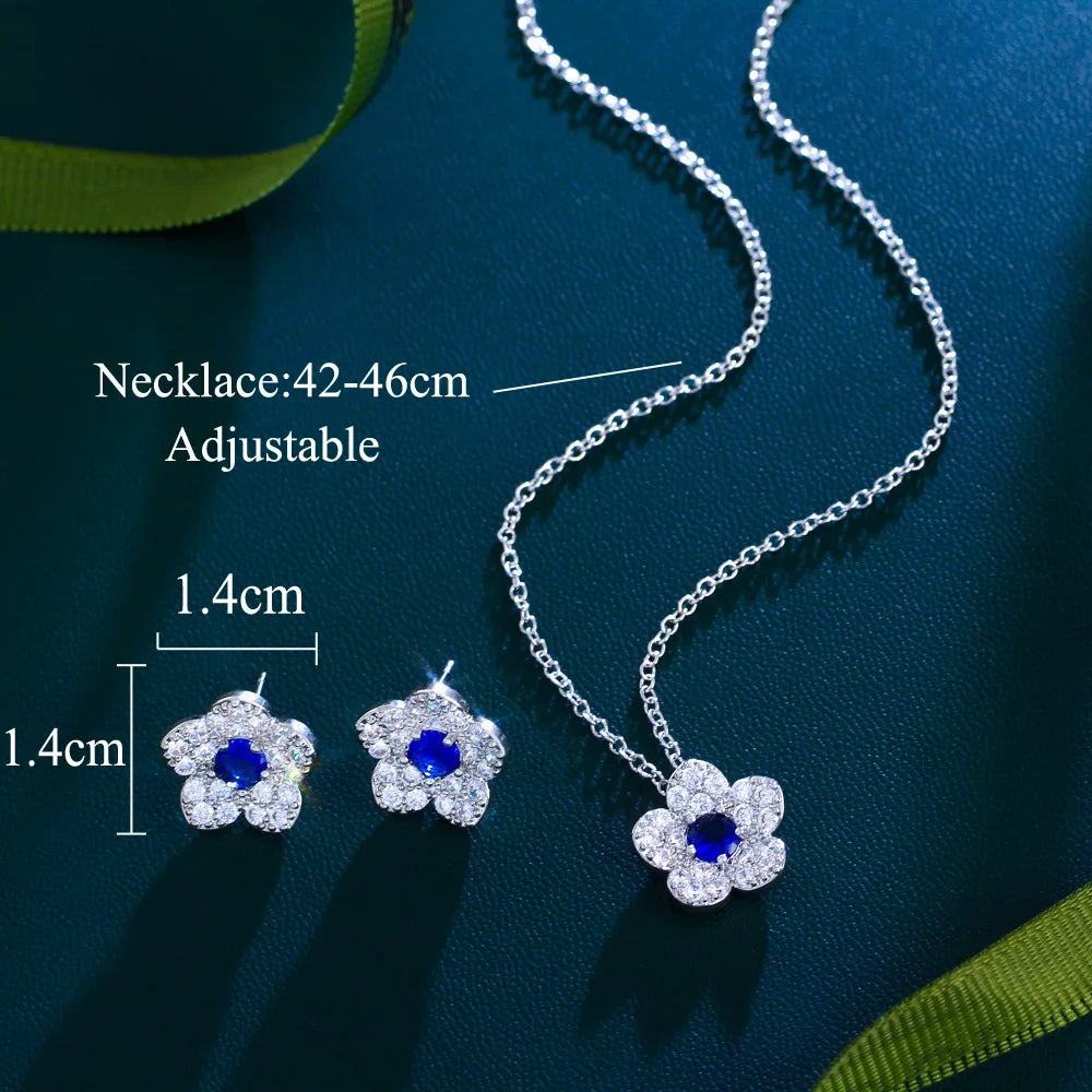 S&S Flower CZ Necklace & Earrings Set – Red, Blue, White & Green – Collection
