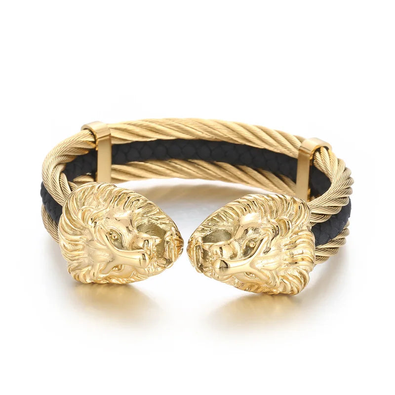 KALEN Punk Silver/Gold/Black/Oxidized Black Stainless Steel Lion Head Cuff Bangle Bracelet