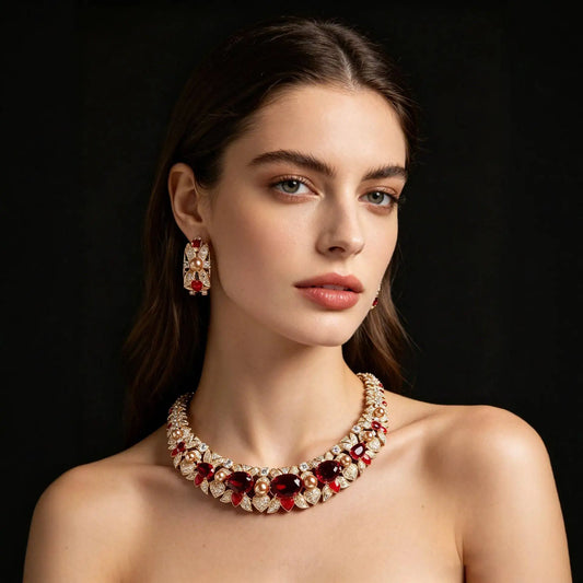 XM S301 Oval Cut Zircon & Pearl Statement Necklace & Earrings Set