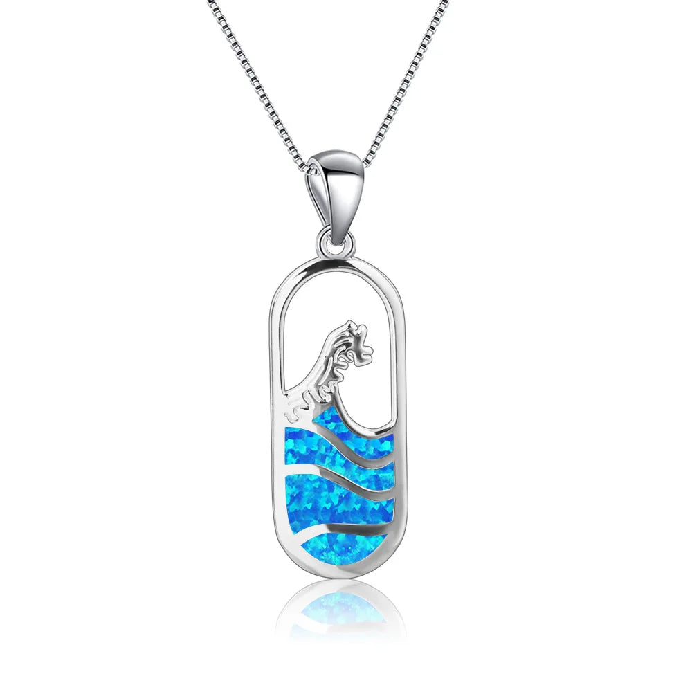 Ins Trendy Copper Hawaiian Blue Opal Wave Bottle Necklace | Dainty Silver Plated Link Chain Sweater for Women Daily Life