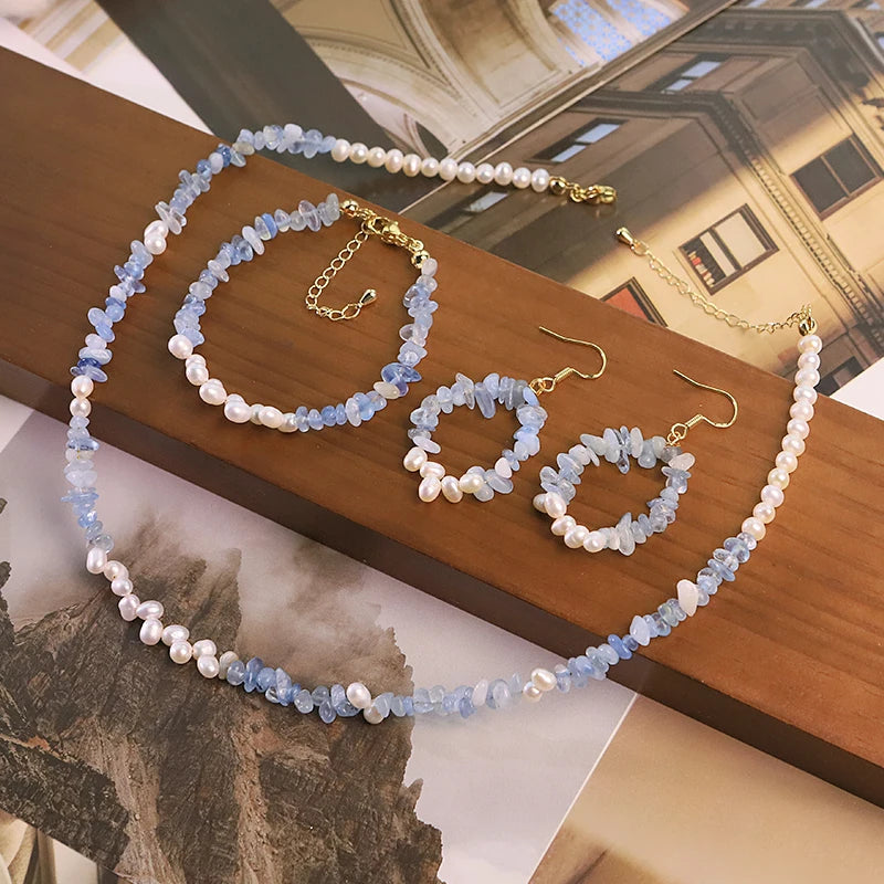 GLSEEVO Natural Freshwater Pearl & Raw Aquamarine Chip 3-Piece Jewellery Set — Necklace, Bracelet & Earrings