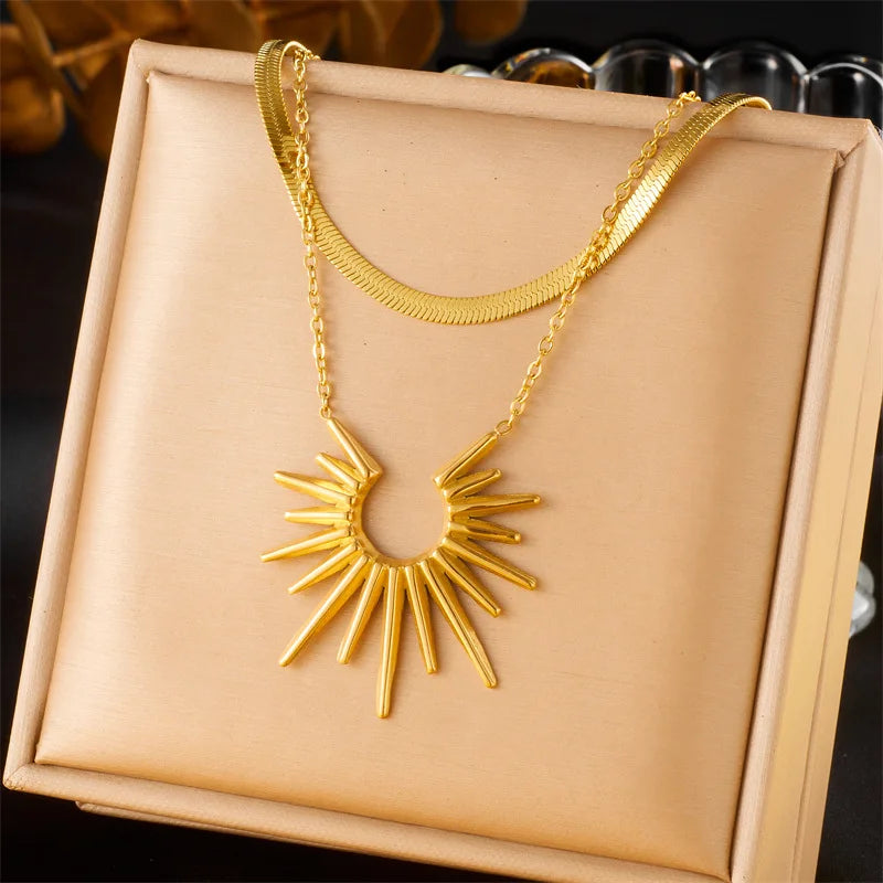 Gold Geometric Sun Necklace, Earrings & Ring Jewellery Set | Celestial Fashion Set