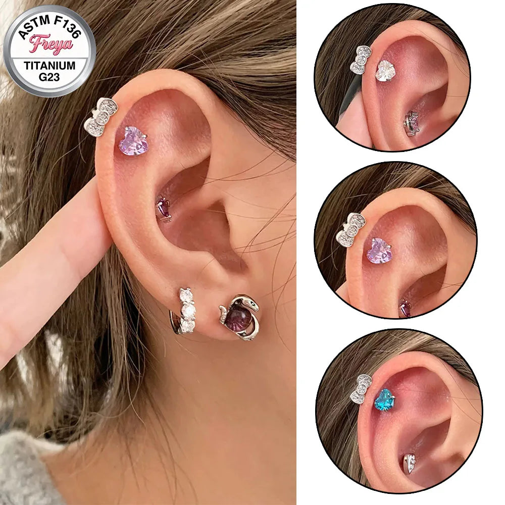 S&S ASTM F136 Titanium Zircon Stud Earrings | Rosette & Heart | 3 Designs